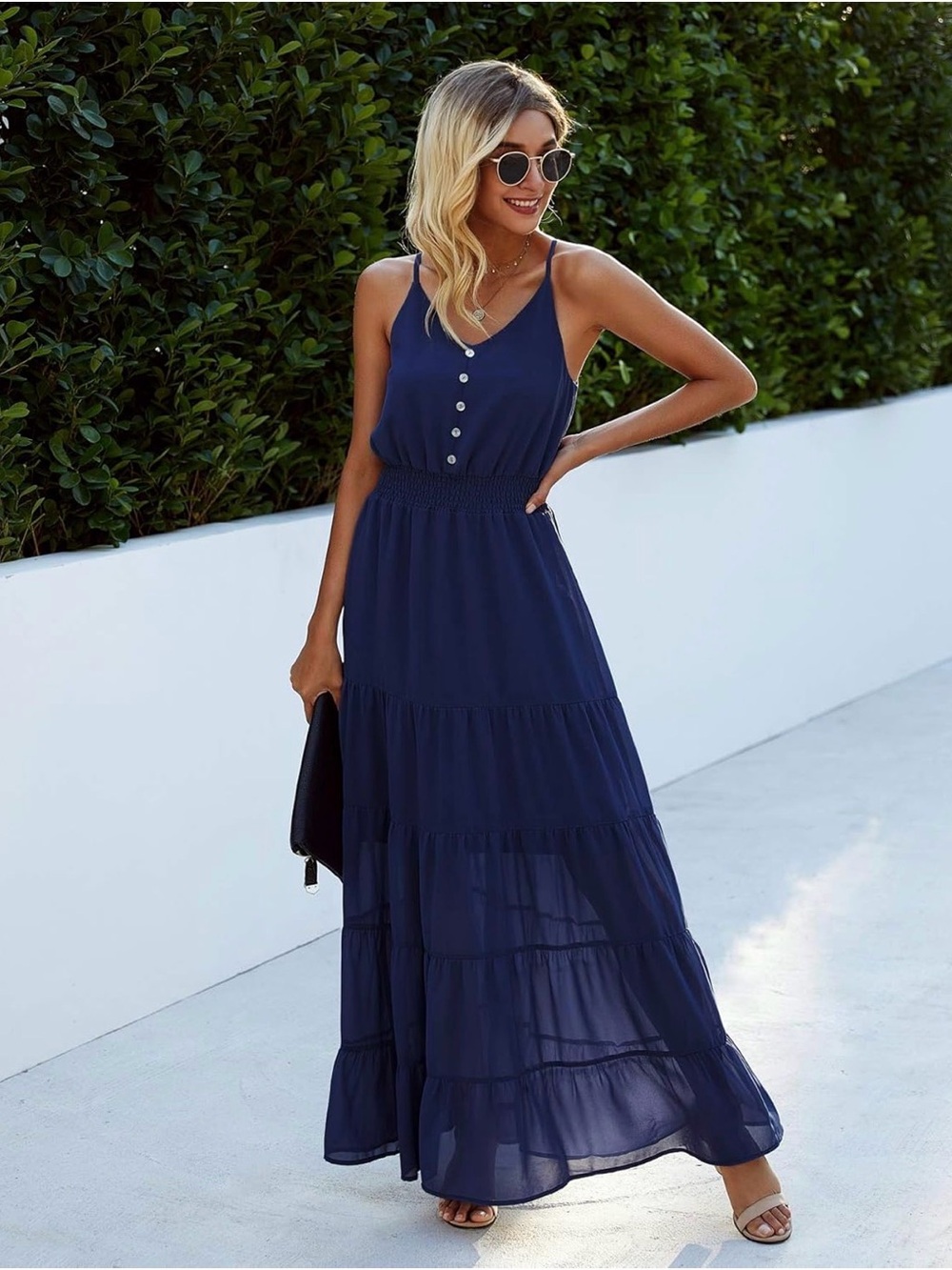 PRETTYGARDEN Women's Summer Maxi Dress Spaghetti Strap Sleeveless Dress- Navy S